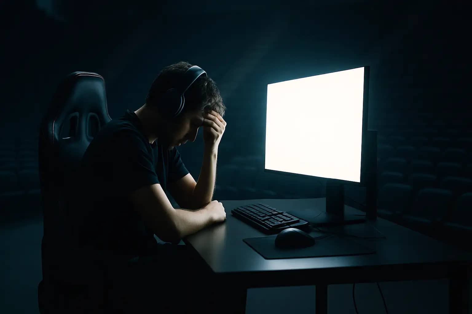 A professional esports player sitting alone in a darkened arena, staring at a glowing monitor with visible tension
