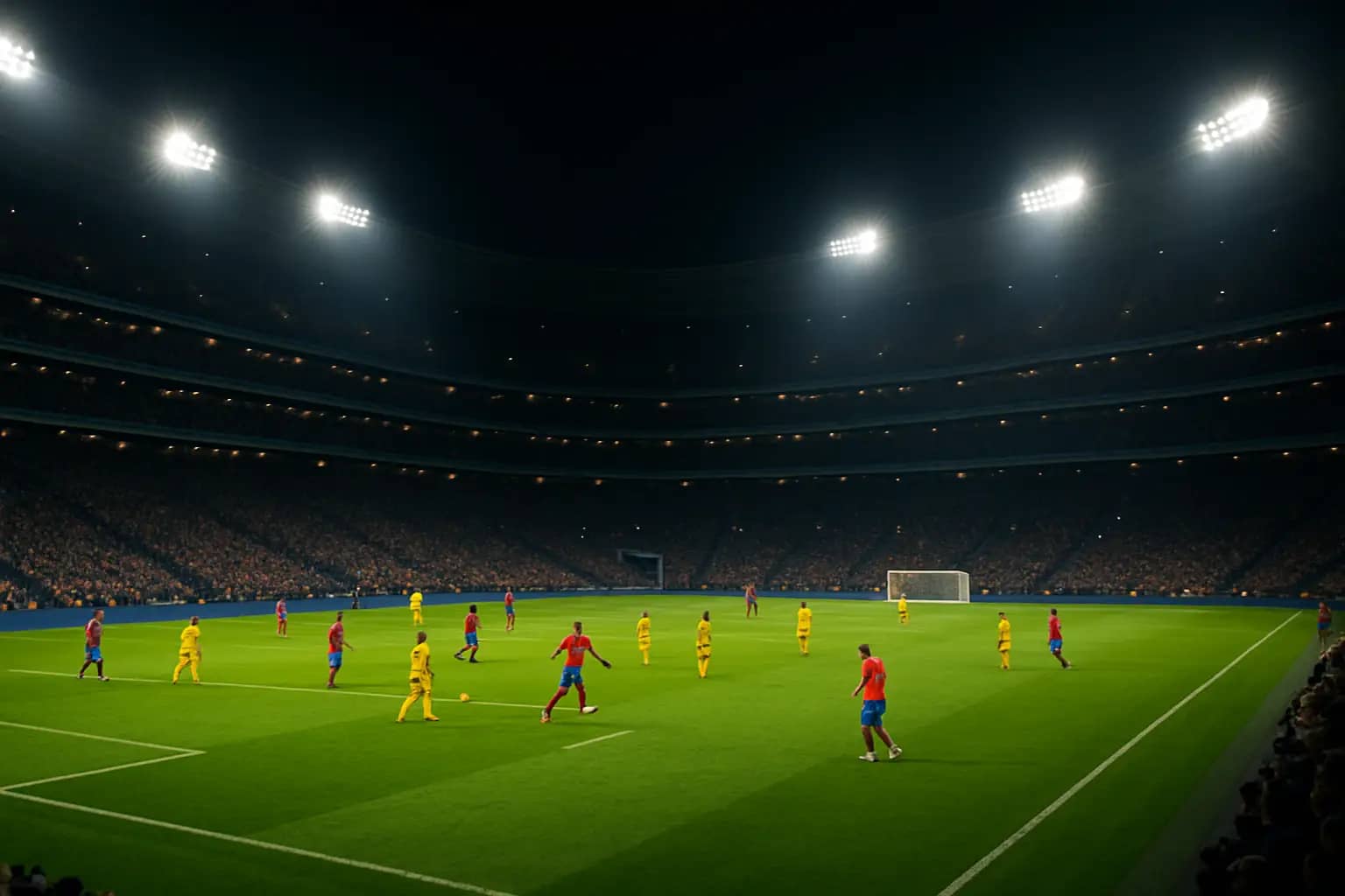 Football players competing on a large international tournament pitch with stadium crowds in the background