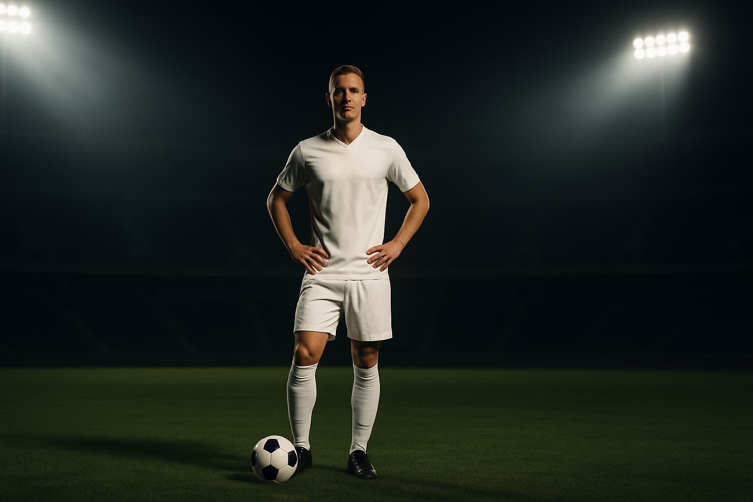 A soccer player in a U.S. national team jersey controlling the ball on a World Cup pitch under stadium lights