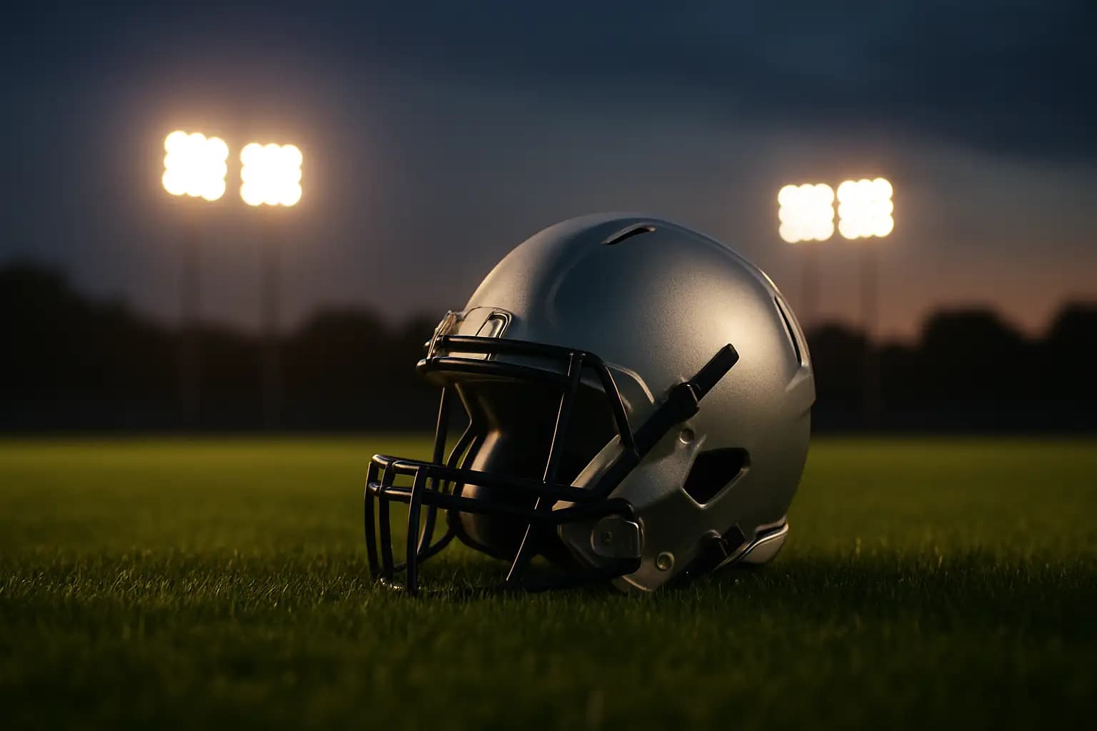 Football helmet resting on a well-maintained grass field at dusk with stadium lights in the background