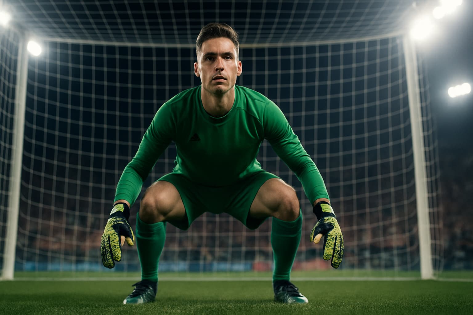A goalkeeper in international kit preparing to make a save during a competitive football match