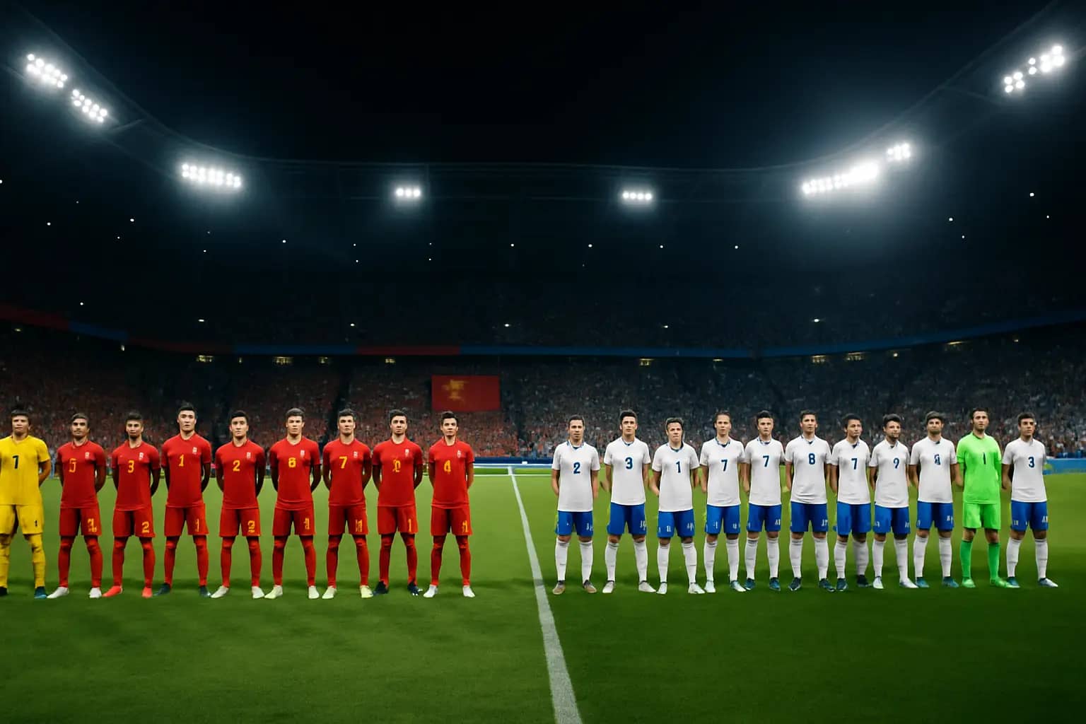 Football players from two international teams facing off on a World Cup stadium pitch under floodlights