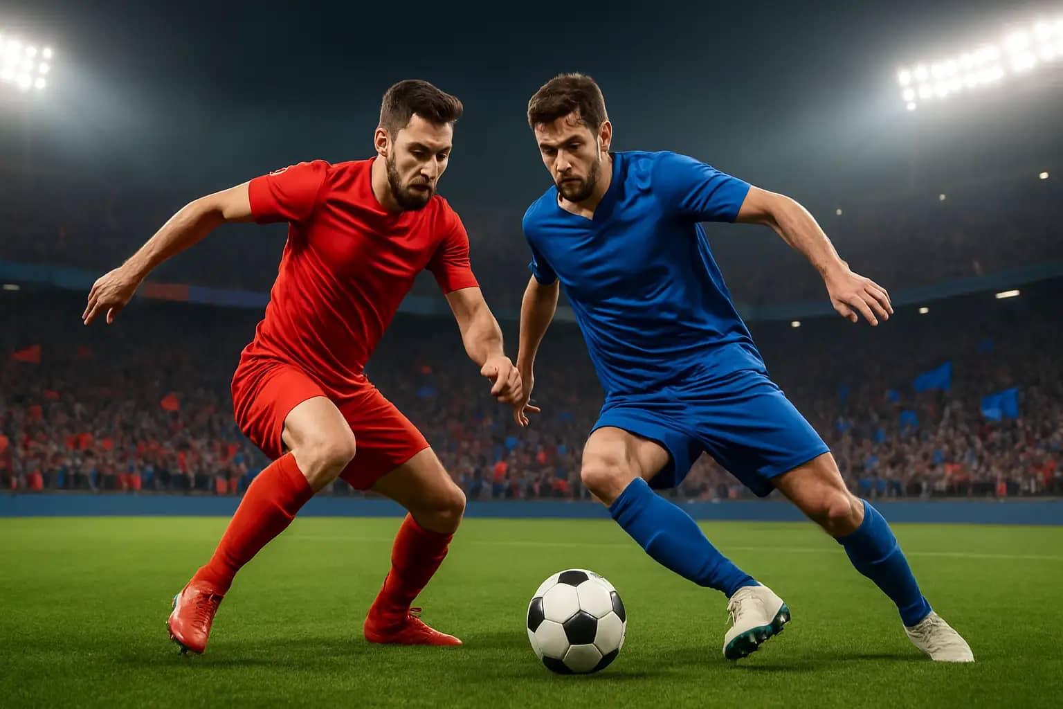 Footballers from two national teams competing on a large stadium pitch during a World Cup group stage match