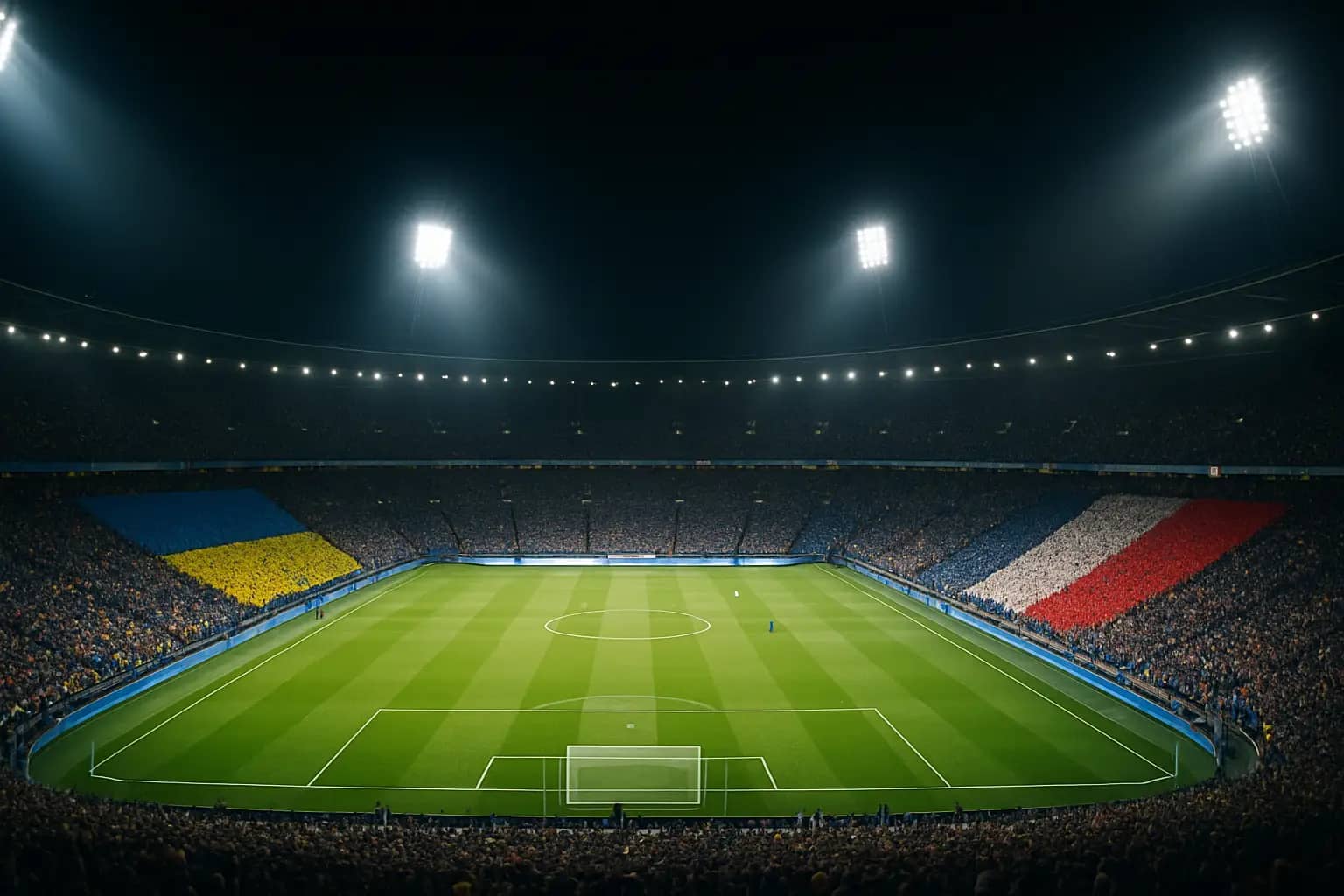 Football stadium lit up at night during a major international tournament match