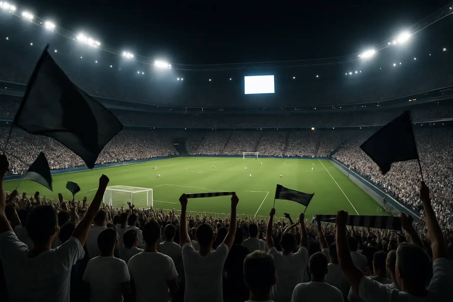 England football fans watching a World Cup match on a large stadium screen at night