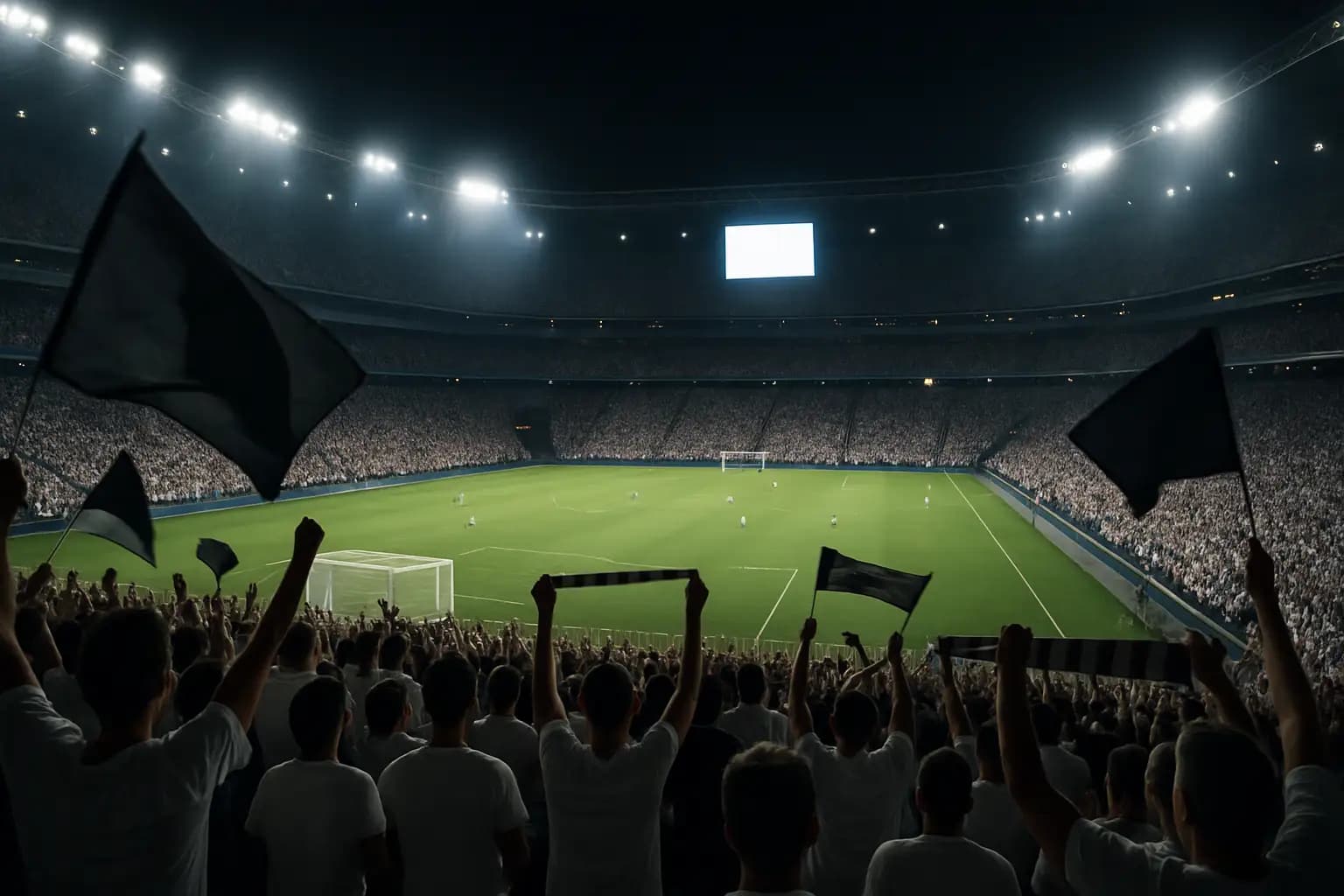 England football fans watching a World Cup match on a large stadium screen at night
