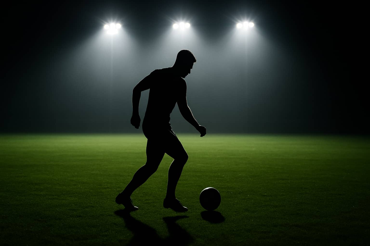 A lone footballer in silhouette training on a floodlit pitch at night, representing elite athletic dedication