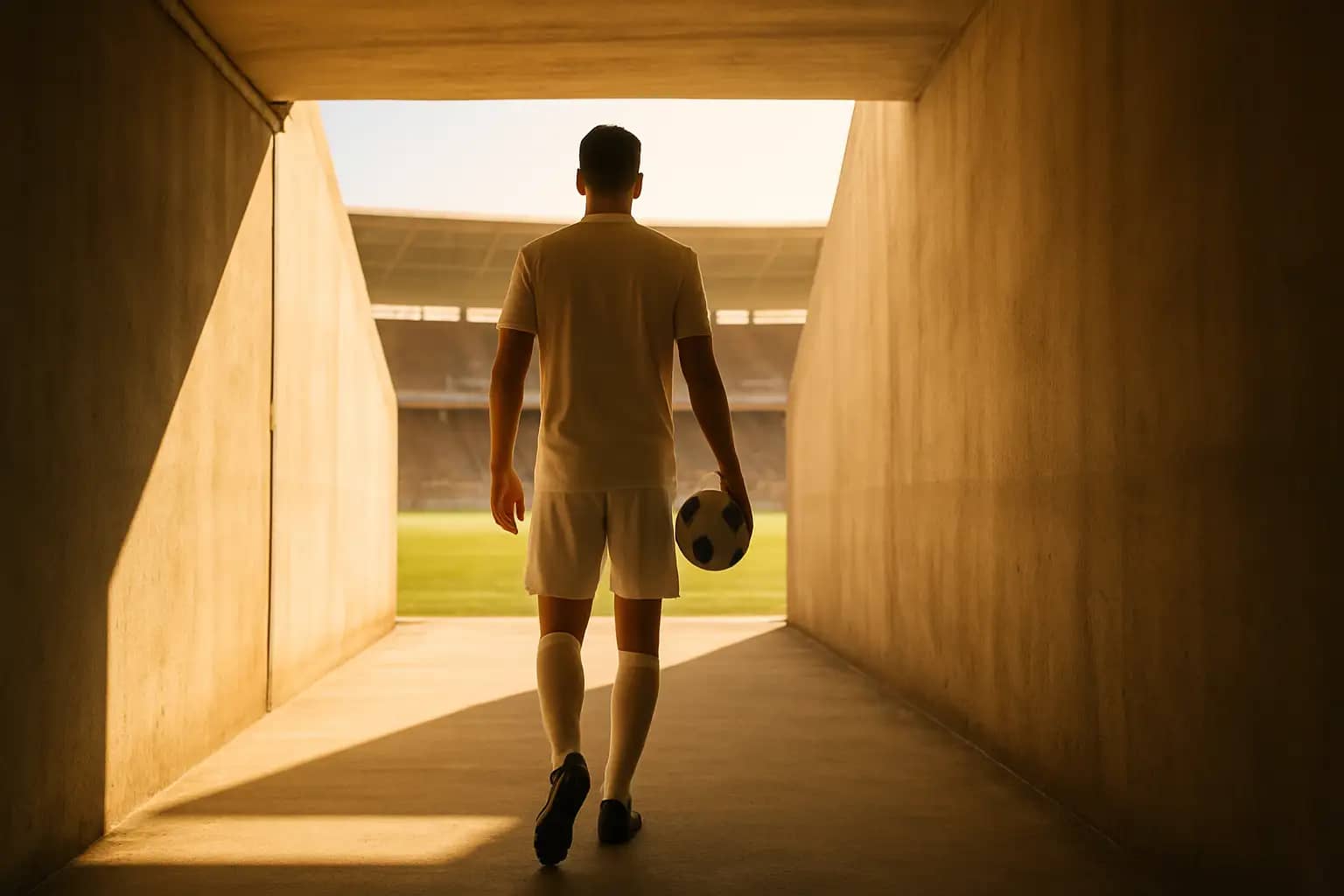 A footballer walking down a tunnel toward a bright pitch, kit bag over his shoulder, representing a move to a new club