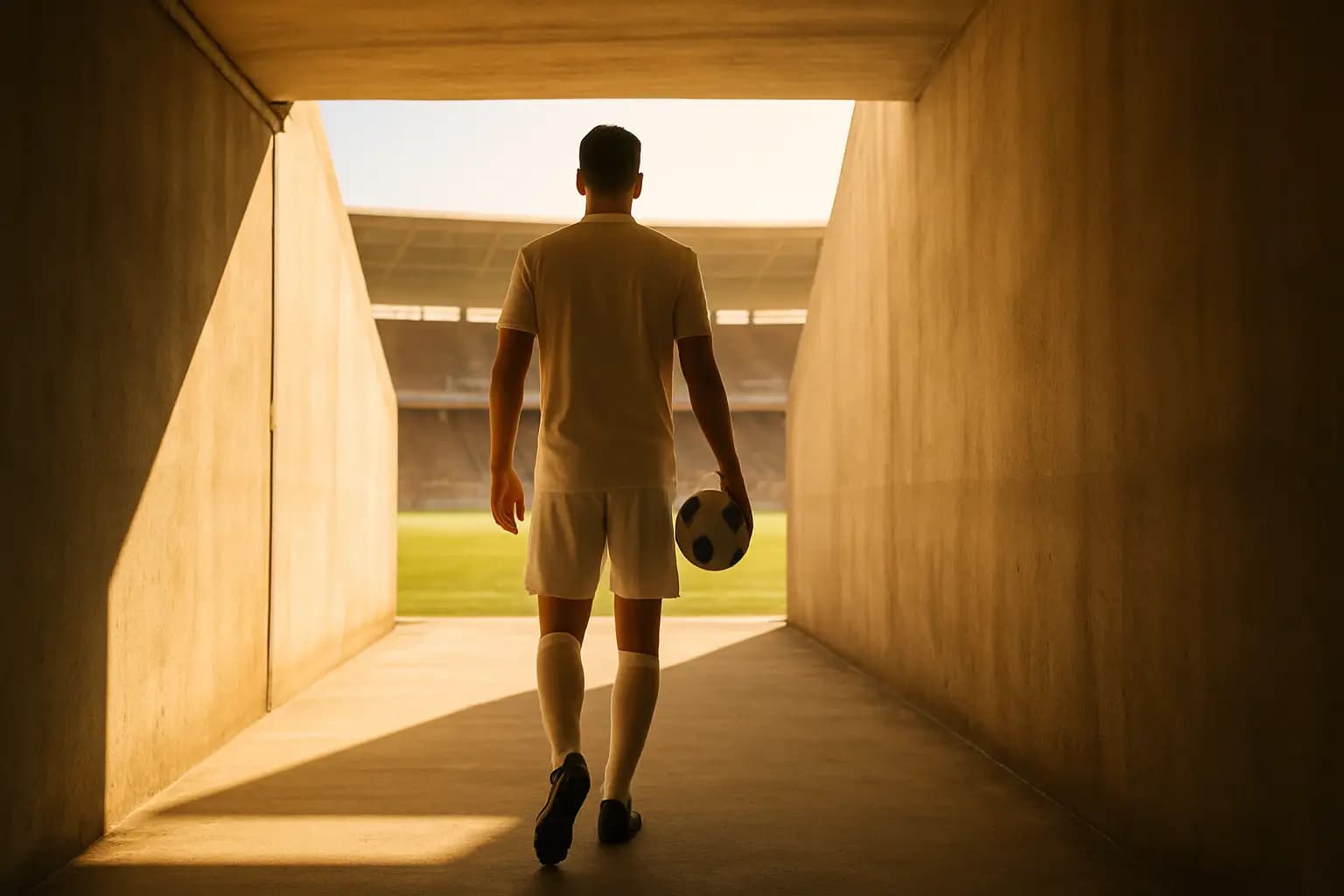 A footballer walking down a tunnel toward a bright pitch, kit bag over his shoulder, representing a move to a new club