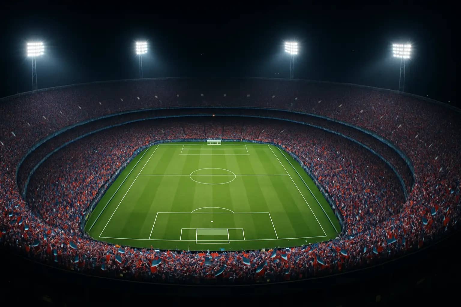 A packed World Cup stadium at night with colorful crowd and bright floodlights