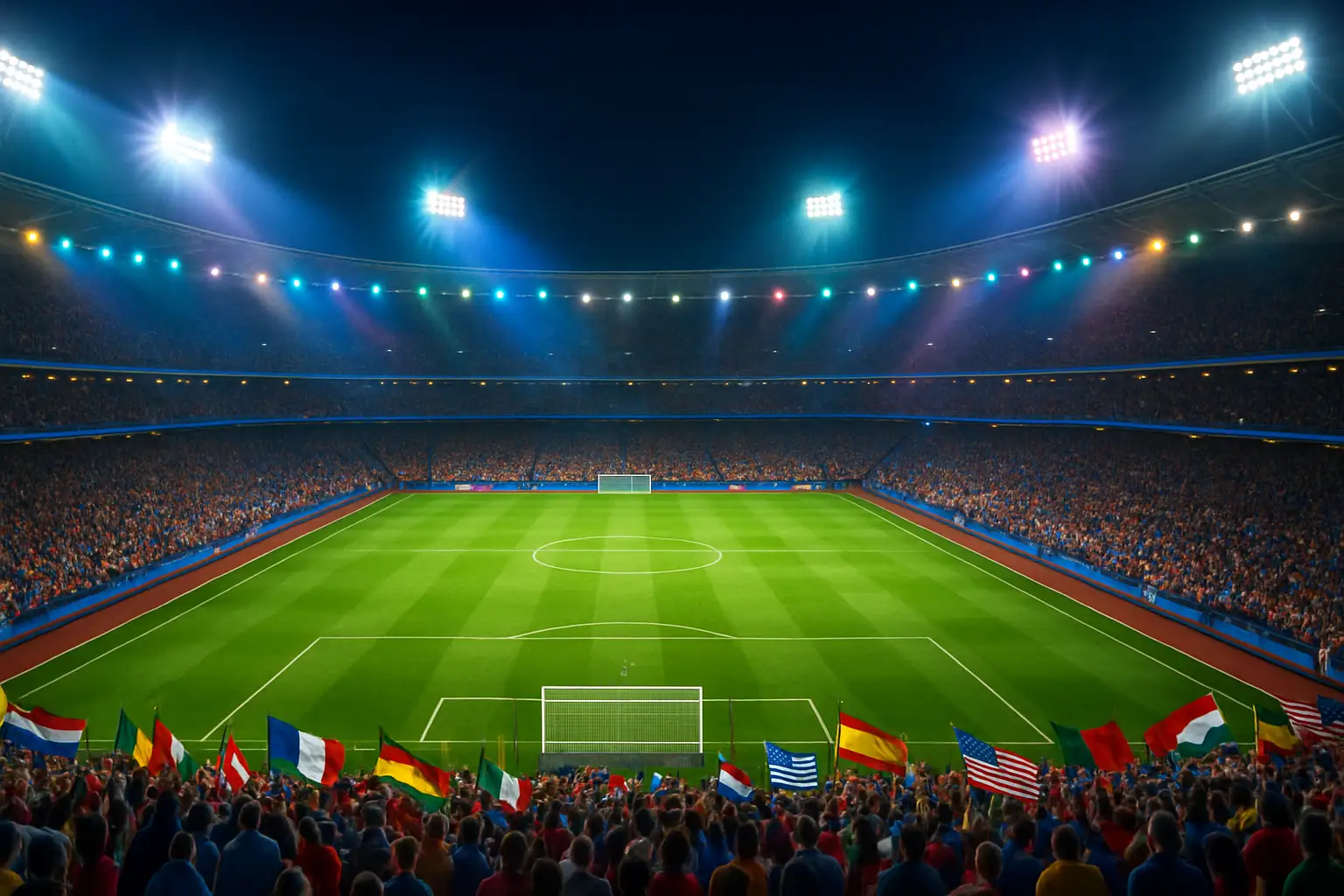 A large stadium filled with cheering fans watching a football match under bright floodlights