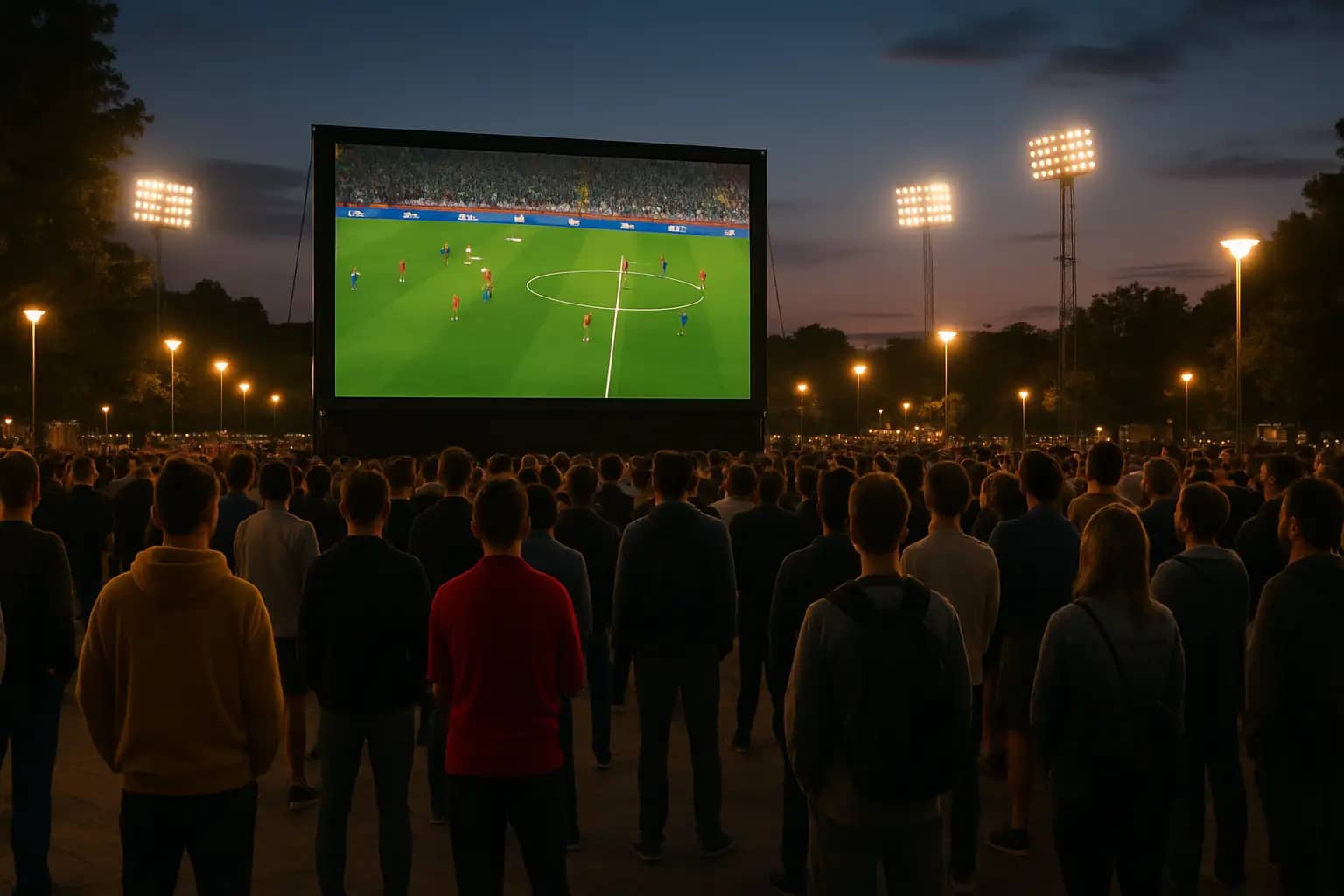 A large outdoor screen showing a live football match while a crowd of fans watches together
