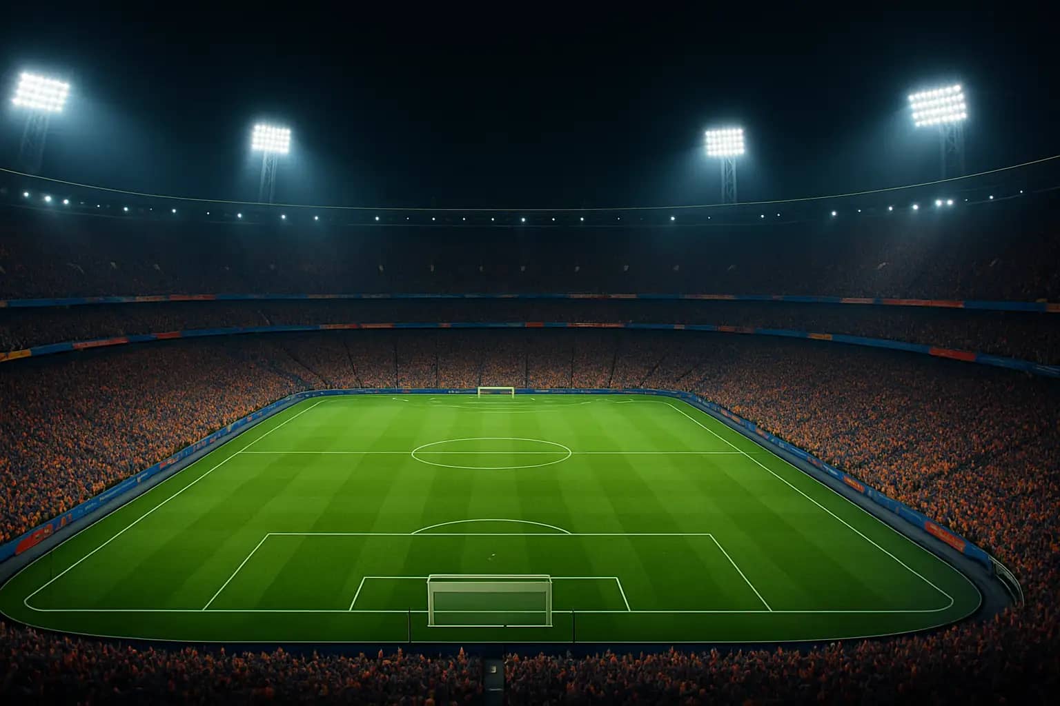 A football stadium packed with fans watching a live match on a giant screen at night