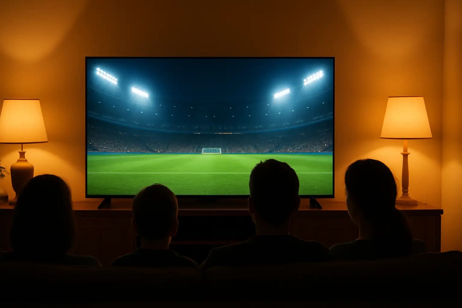 A television screen displaying a live football match broadcast in a living room setting