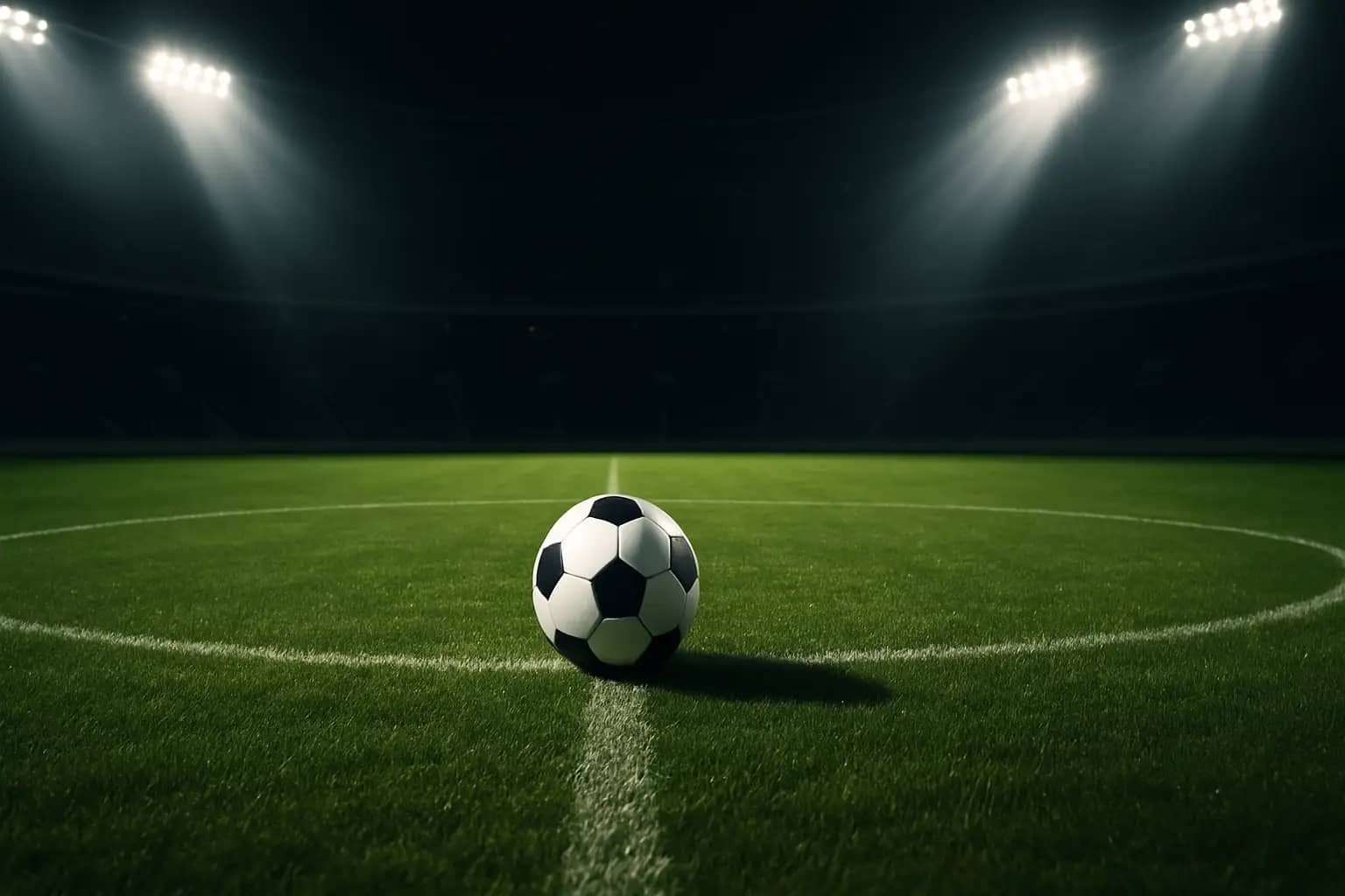 A football resting on a green pitch inside a large stadium with rows of empty seats in the background