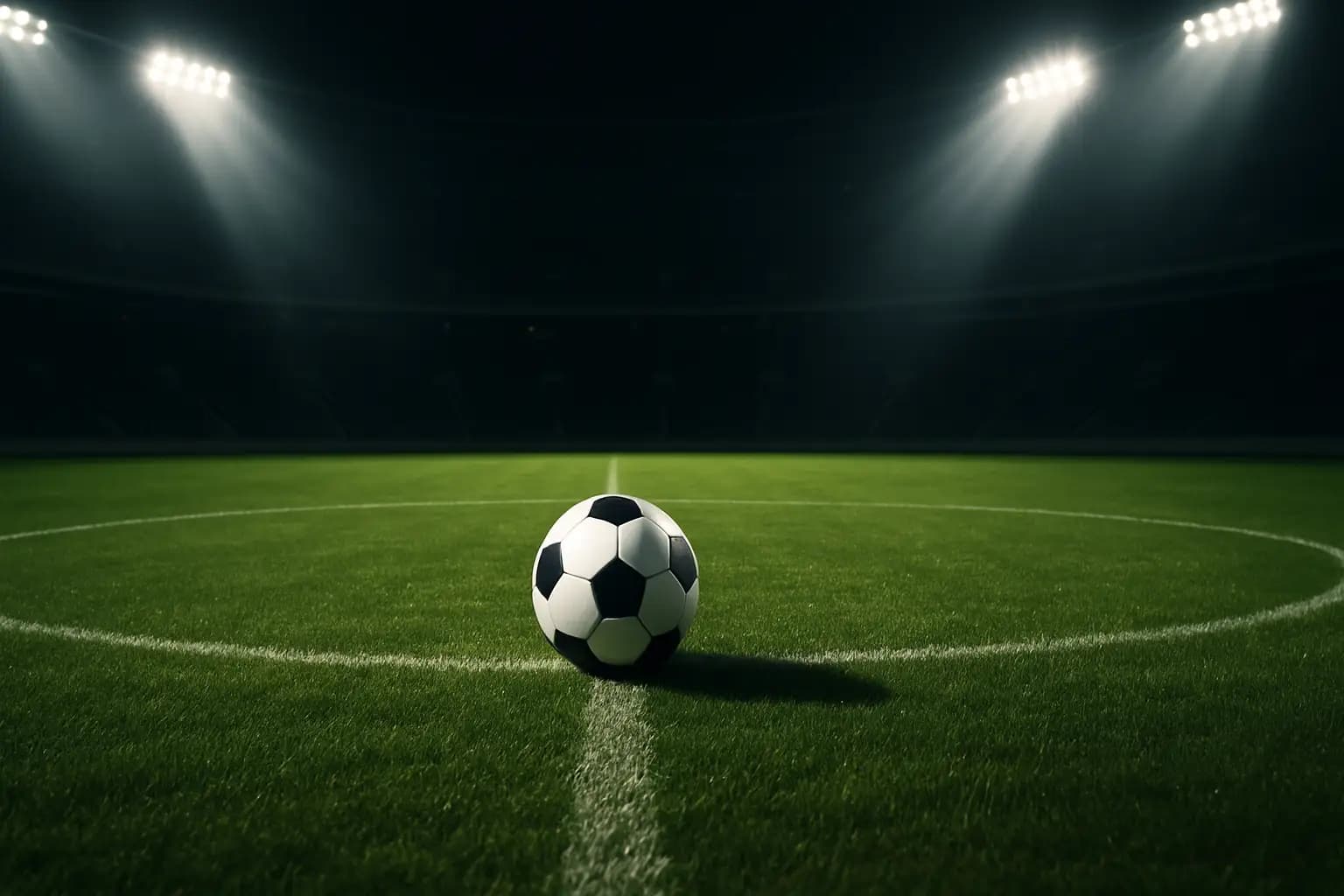 A football resting on a green pitch inside a large stadium with rows of empty seats in the background
