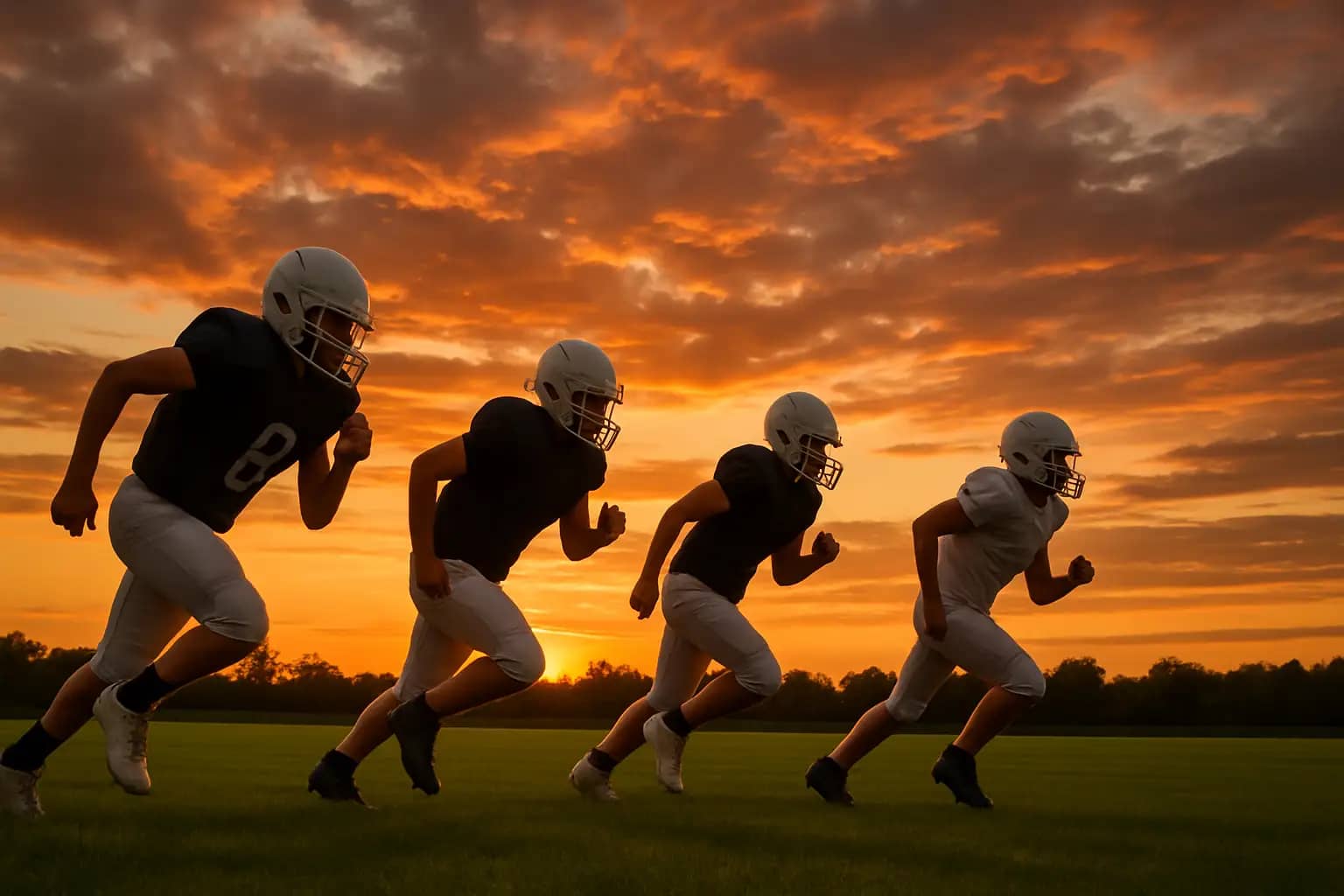 High school football players warming up on a Texas practice field at dusk