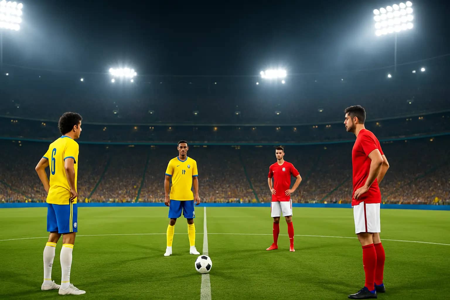 Football players competing on a floodlit stadium pitch during a major international tournament