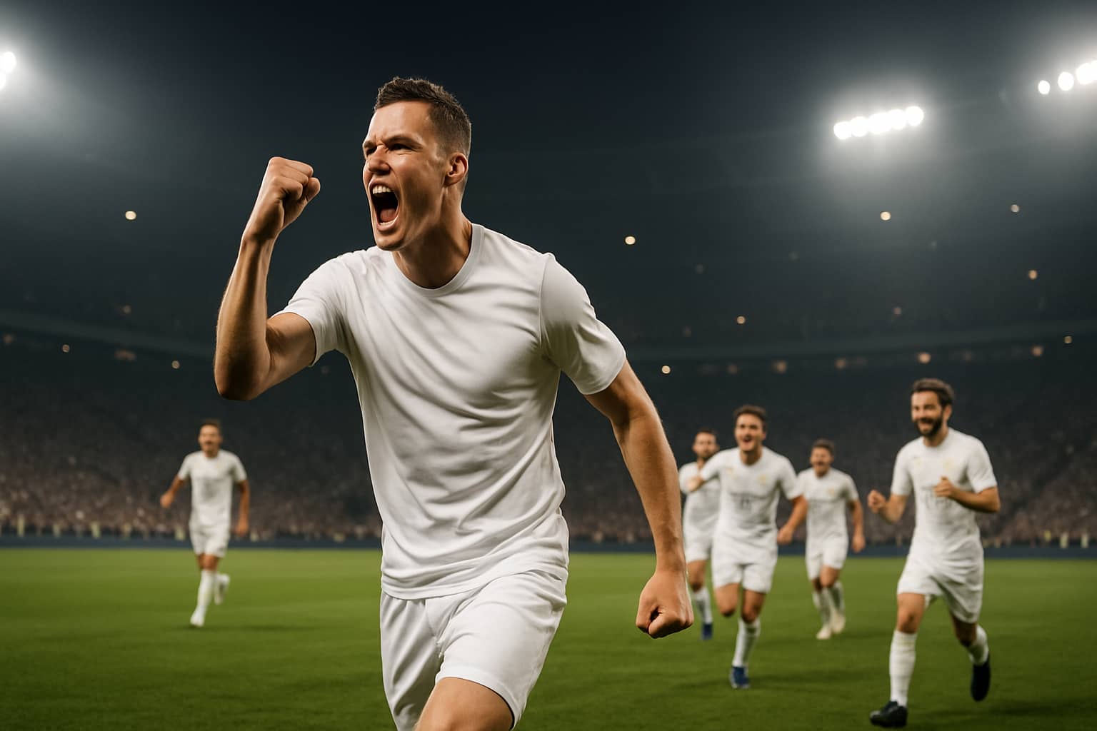 England footballer in white kit celebrates a goal during an international match