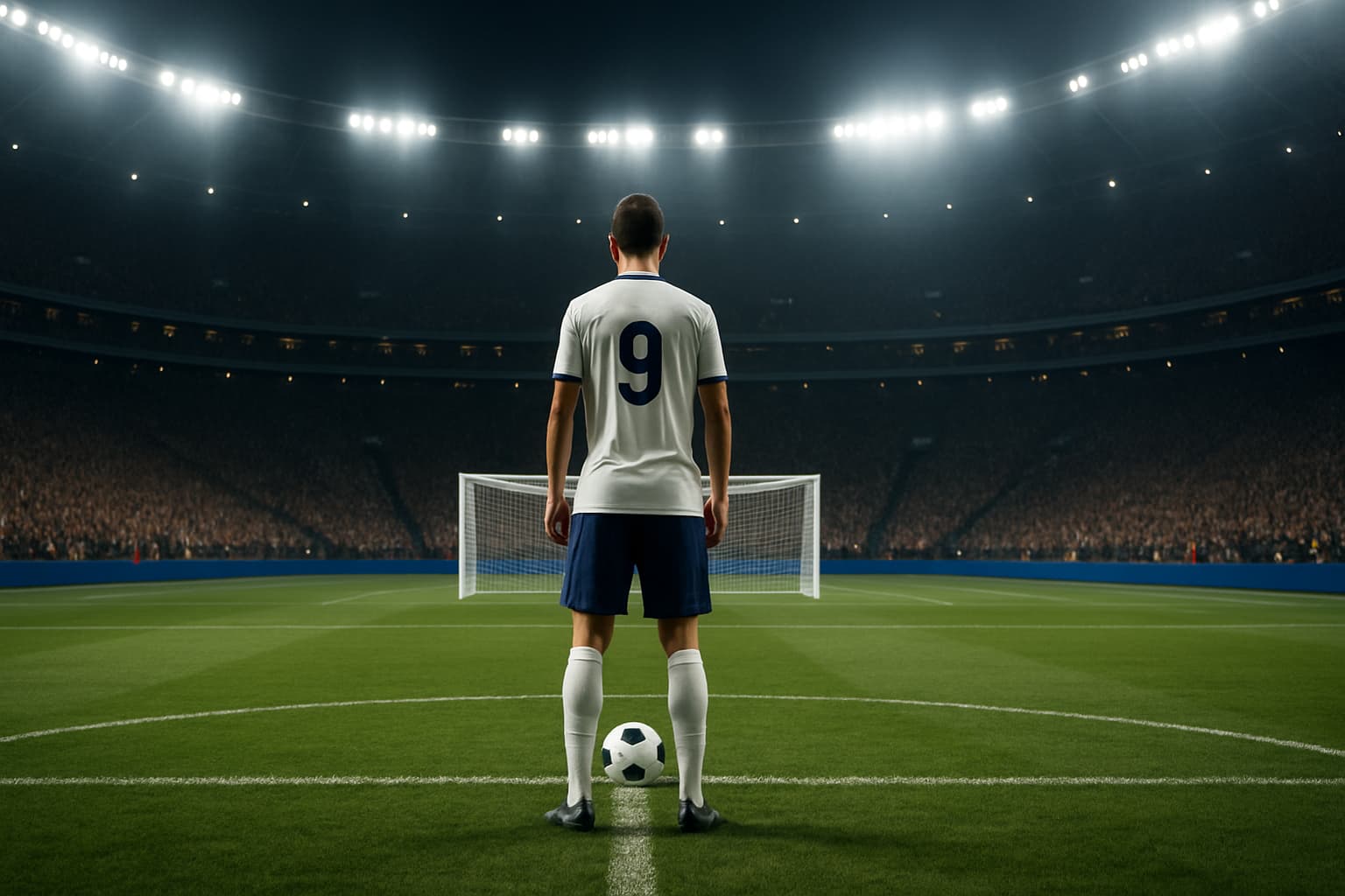 A footballer in a white England kit prepares to take a penalty kick in a packed World Cup stadium
