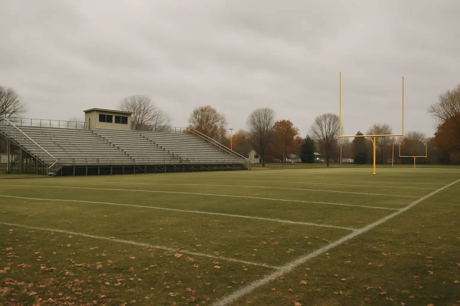 Empty high school football field on a cloudy fall day in rural Wisconsin