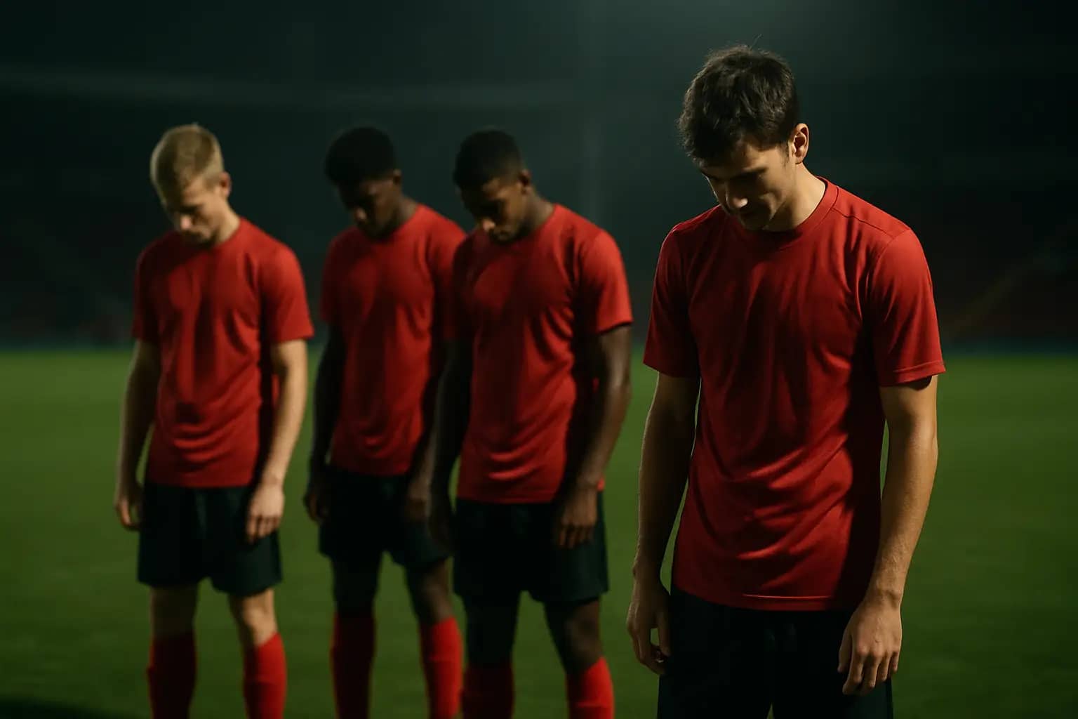 Iran football players looking dejected on the pitch after a disappointing qualifying result