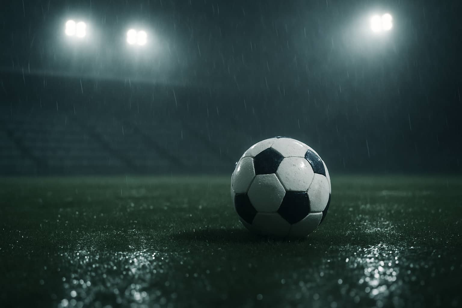A football lying on a pitch under dramatic stadium lights, symbolizing match integrity concerns
