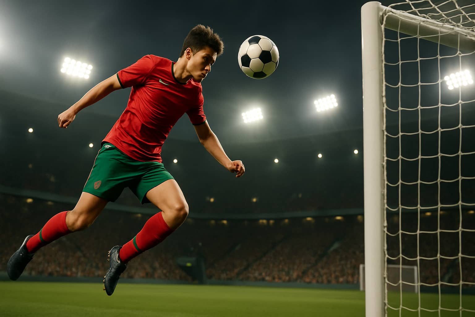 A midfielder leaping to score a header during an international football match