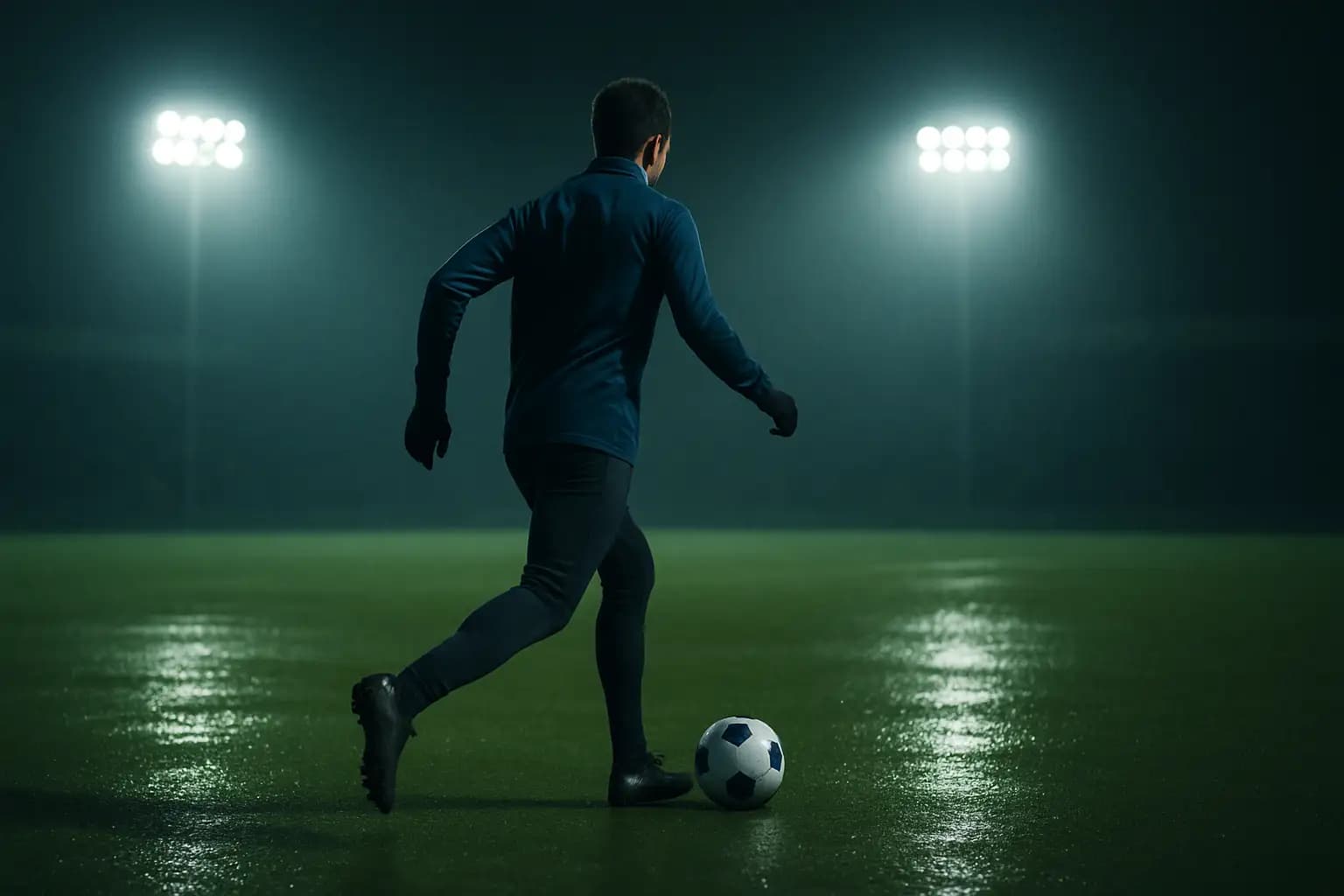 A football winger in training gear sprinting with the ball on an international pitch