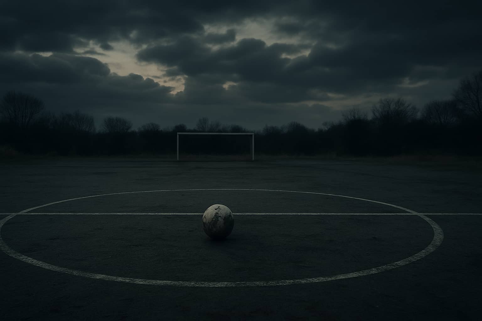 A football resting on an empty pitch under a cloudy sky, symbolizing suspended play and conflict's impact on sport