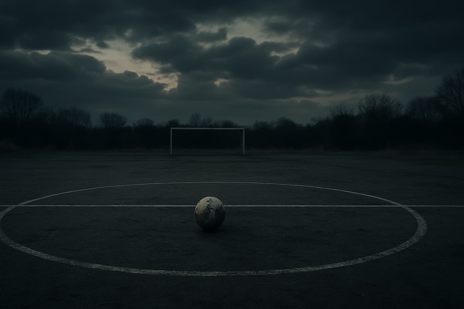 A football resting on an empty pitch under a cloudy sky, symbolizing suspended play and conflict's impact on sport