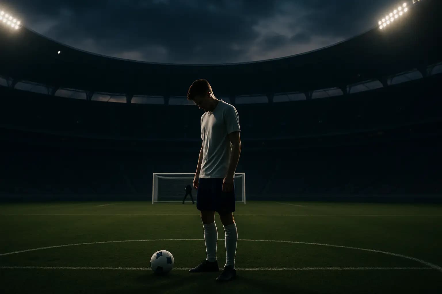 A footballer standing alone at the penalty spot in an empty stadium, head bowed under pressure