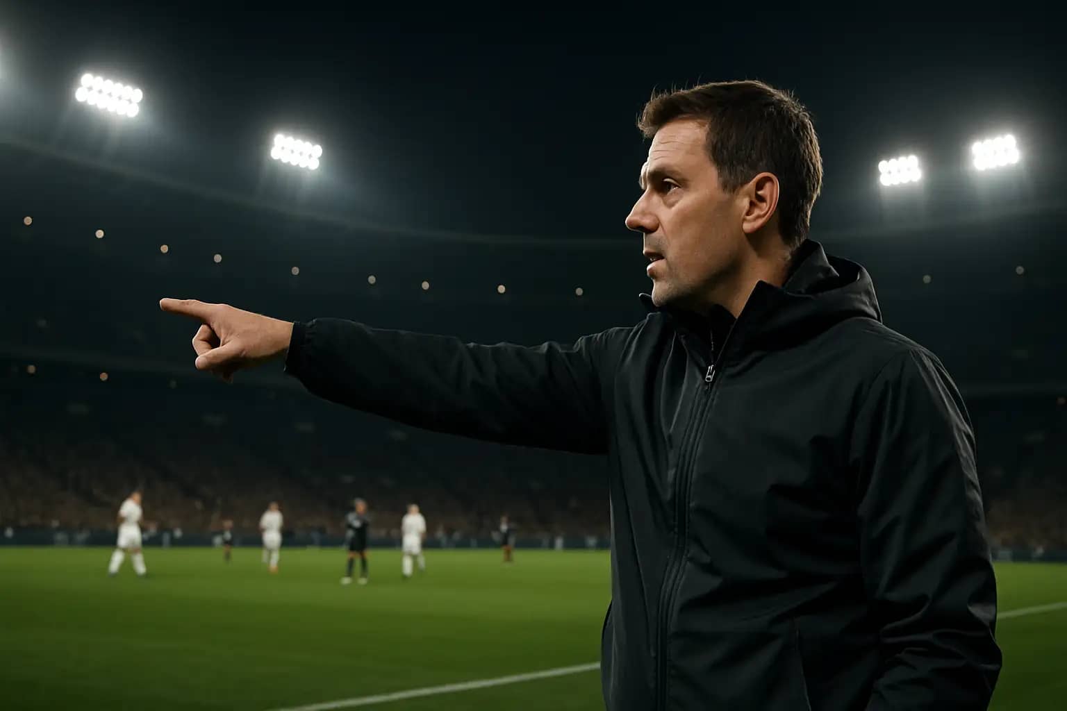 A football coach gesturing on the sideline during an international match