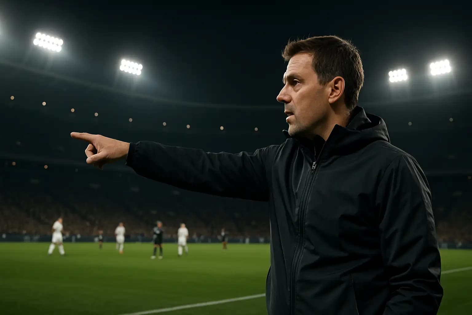 A football coach gesturing on the sideline during an international match