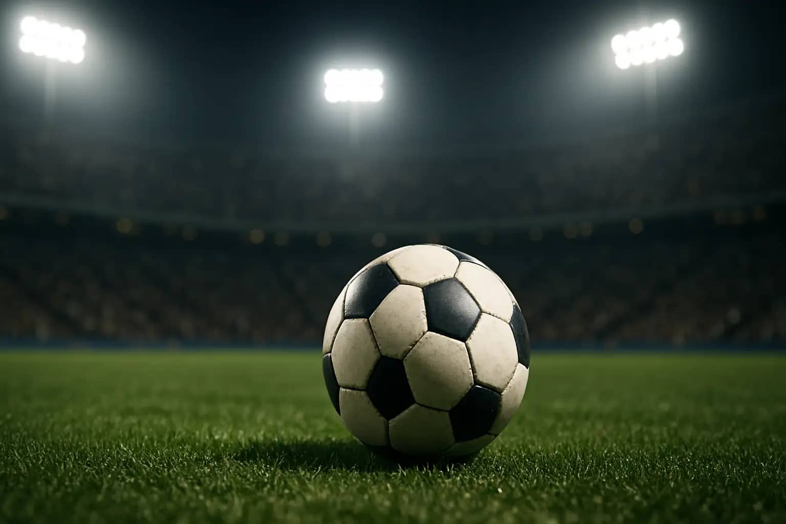 A football on a pitch under floodlights with a blurred stadium crowd in the background