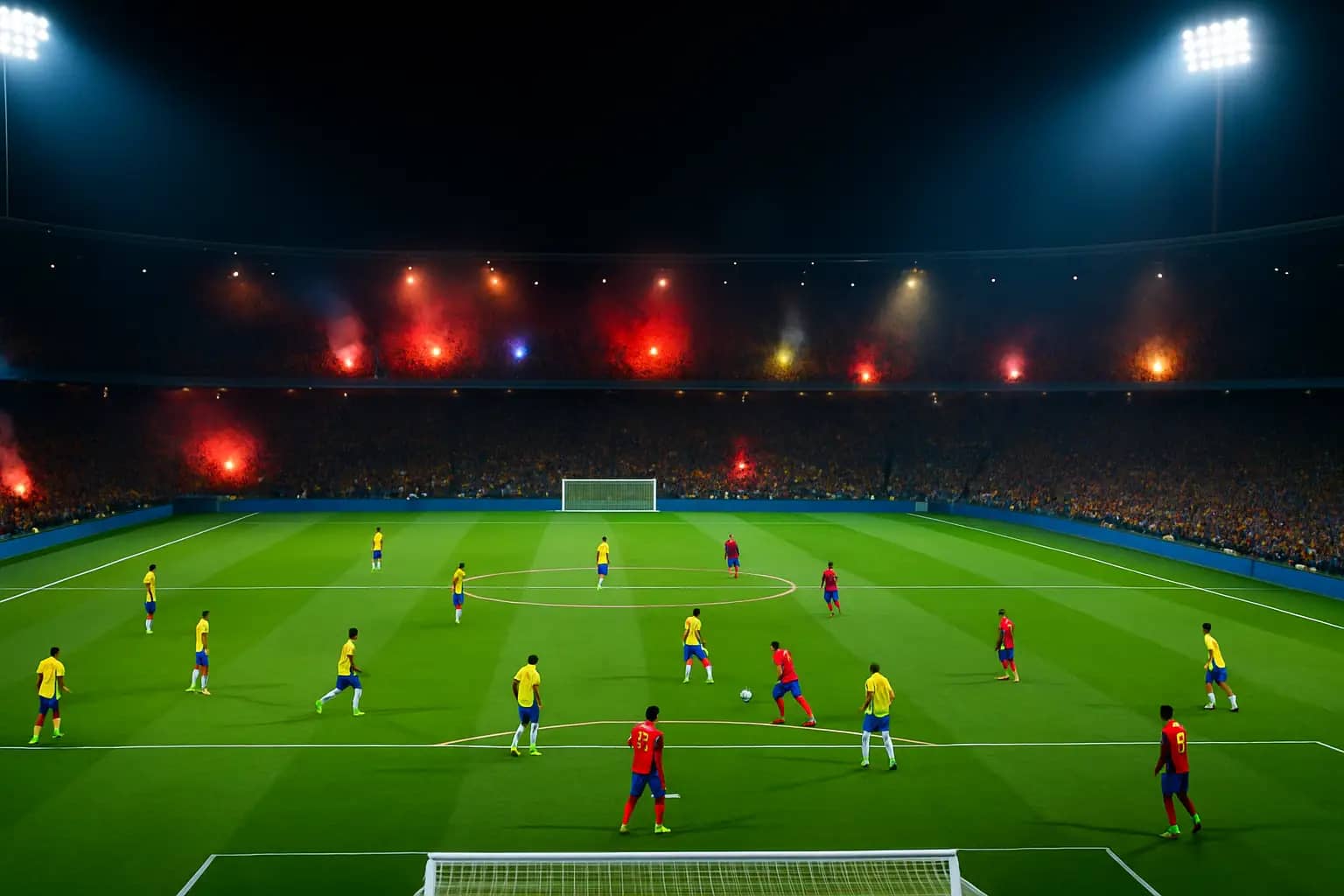 Football players from two international teams competing on a large stadium pitch during a major tournament