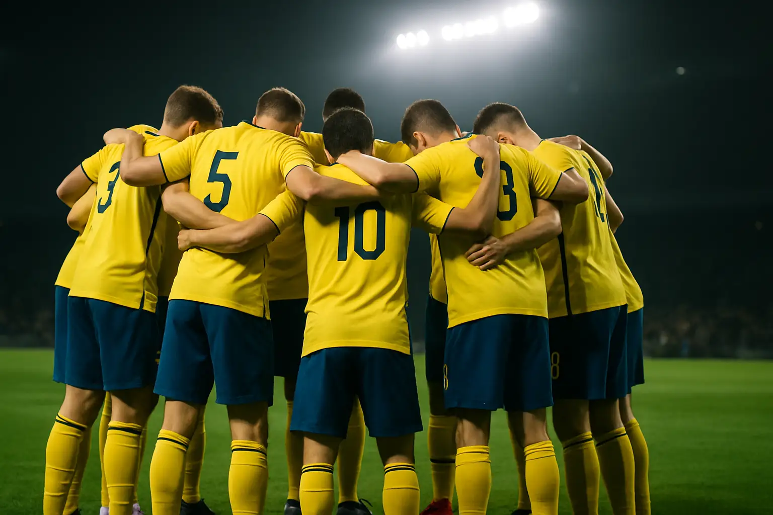 Socceroos players in a team huddle on a football pitch during an international match