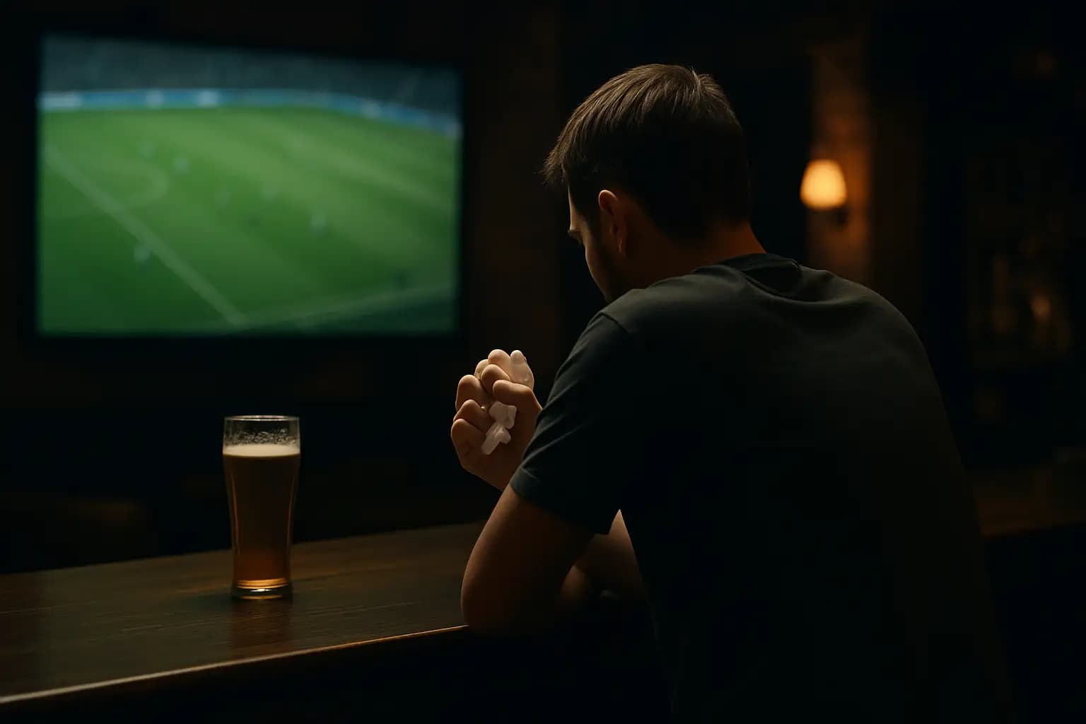 A dejected football fan watching a match in a Sydney pub, looking at a betting slip