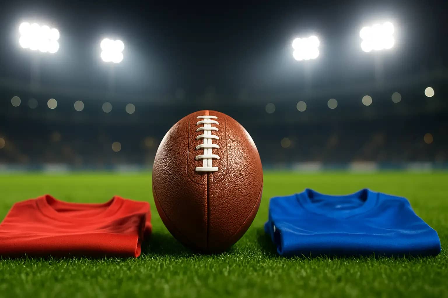 A football on a green pitch with two sets of national team jerseys laid out side by side