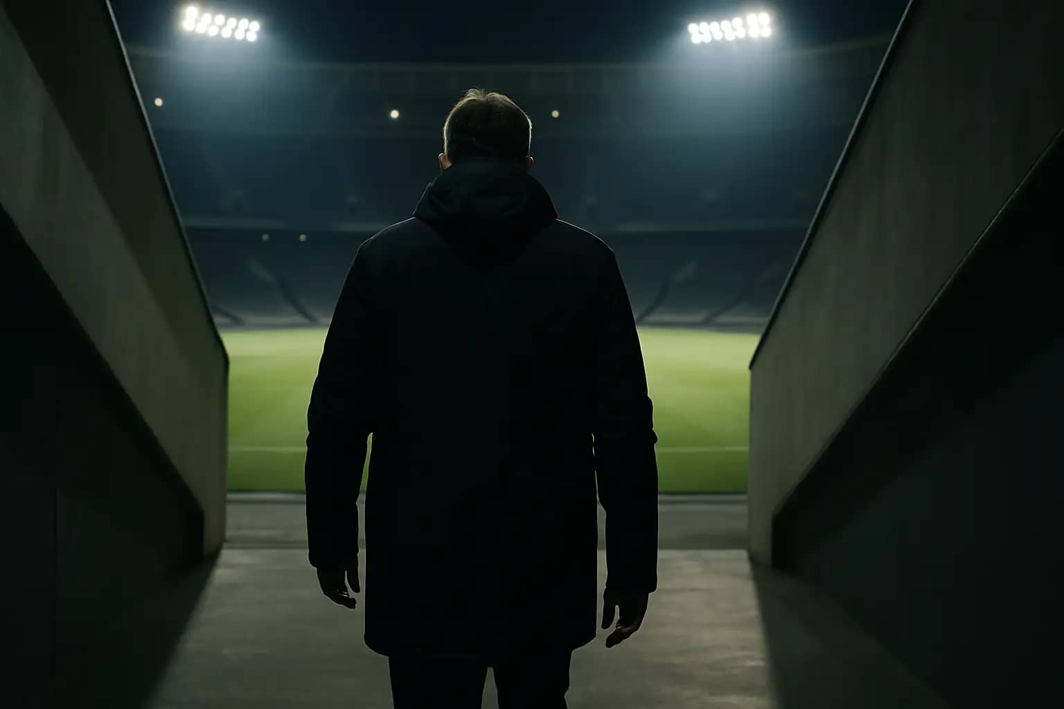 A football coach walking away from a stadium pitch after a match