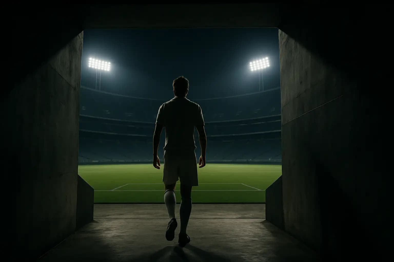 A football player walking onto a South American stadium pitch under bright floodlights