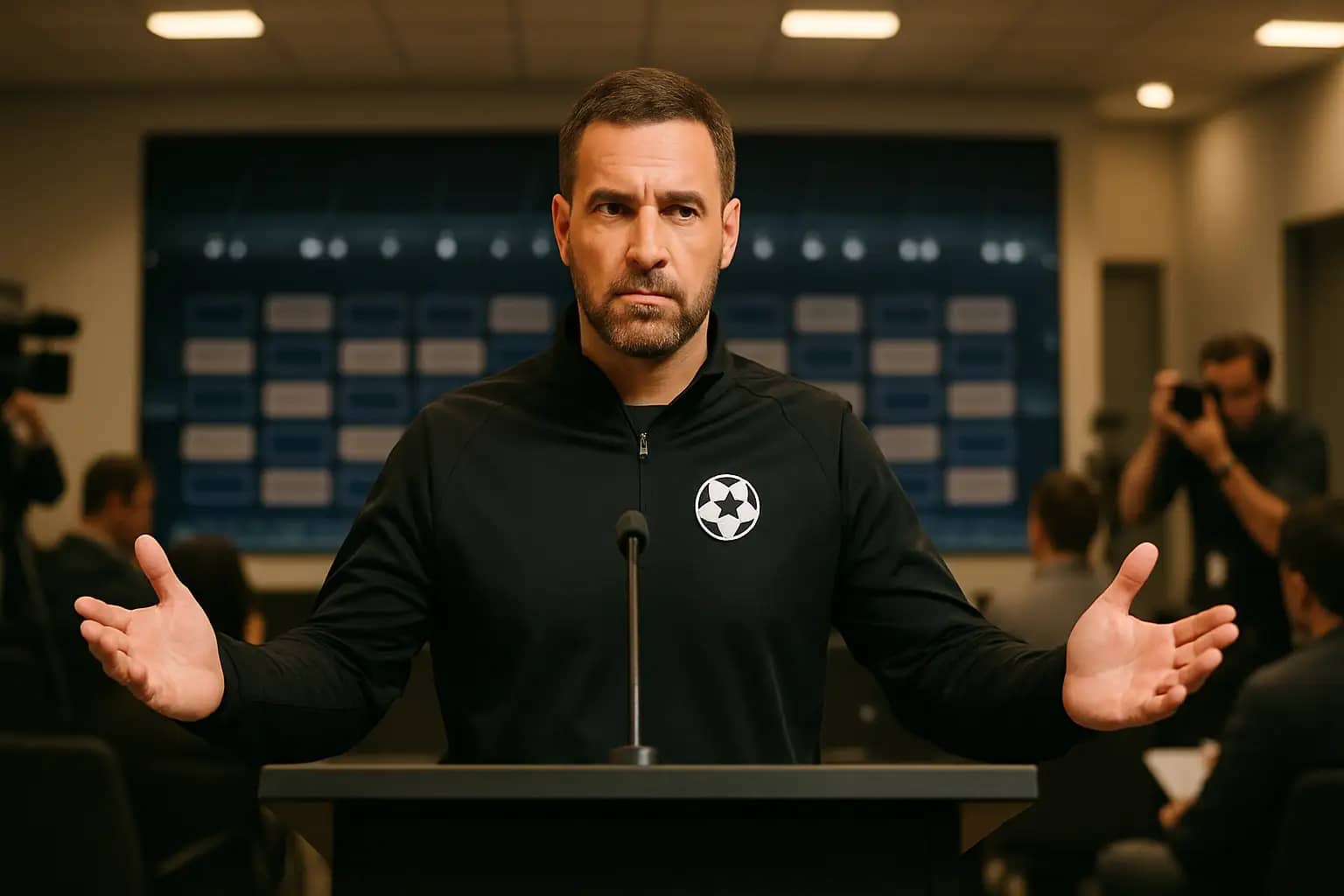 Turkey football coach speaking at a press conference in front of a microphone