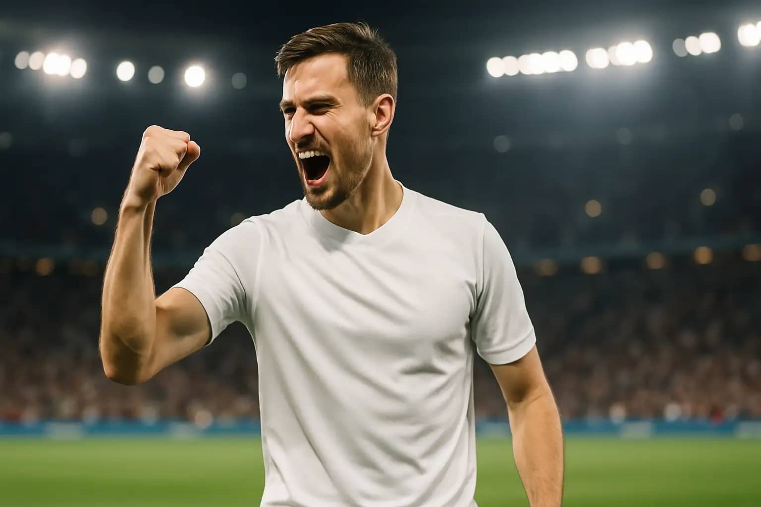 A football player in a white jersey celebrating a goal on an international pitch at night