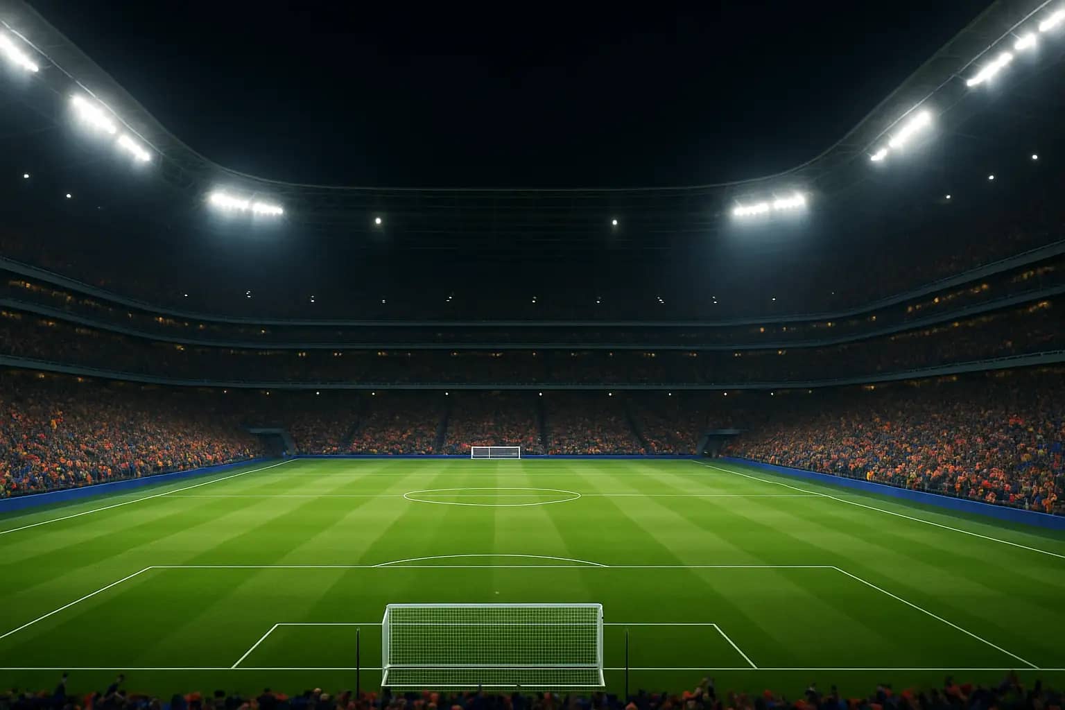 A football stadium filled with fans watching a World Cup knockout match under floodlights