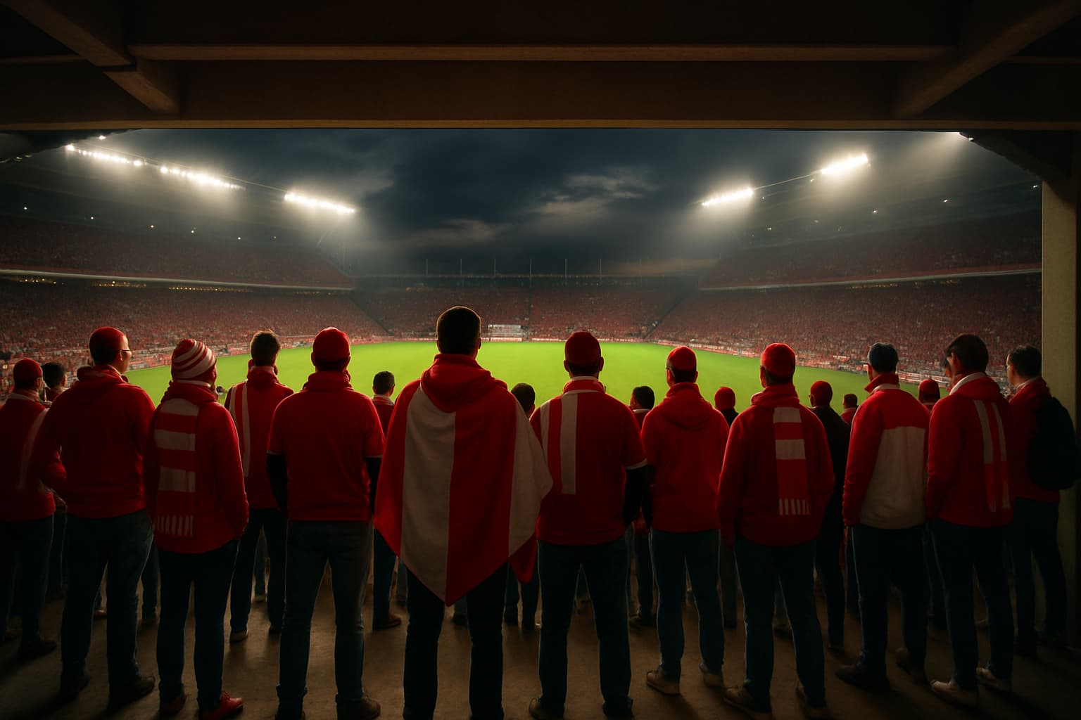 Canadian soccer fans in a stadium with national flags amid a tense atmosphere