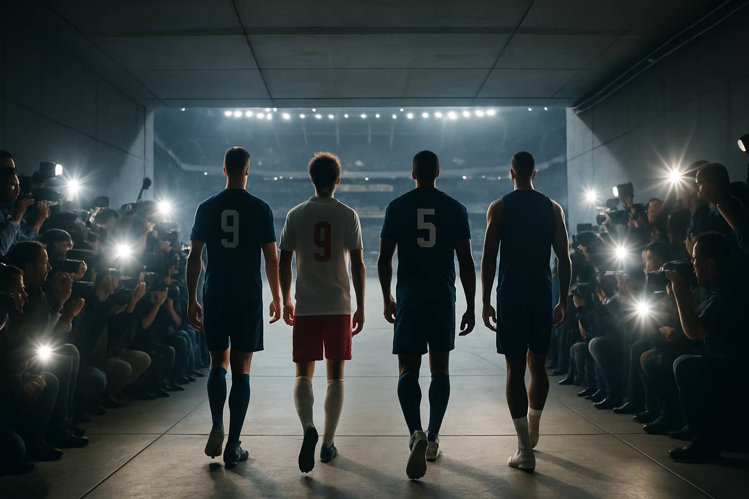 Football players walking through a brightly lit stadium tunnel surrounded by cameras and media attention
