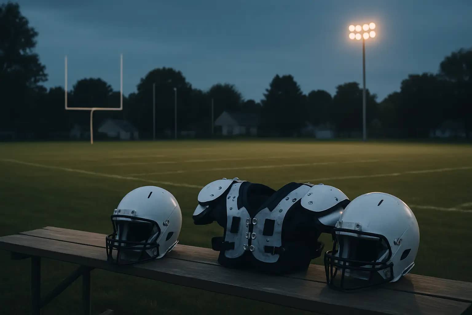 Empty youth football field at dusk with helmets resting on a bench