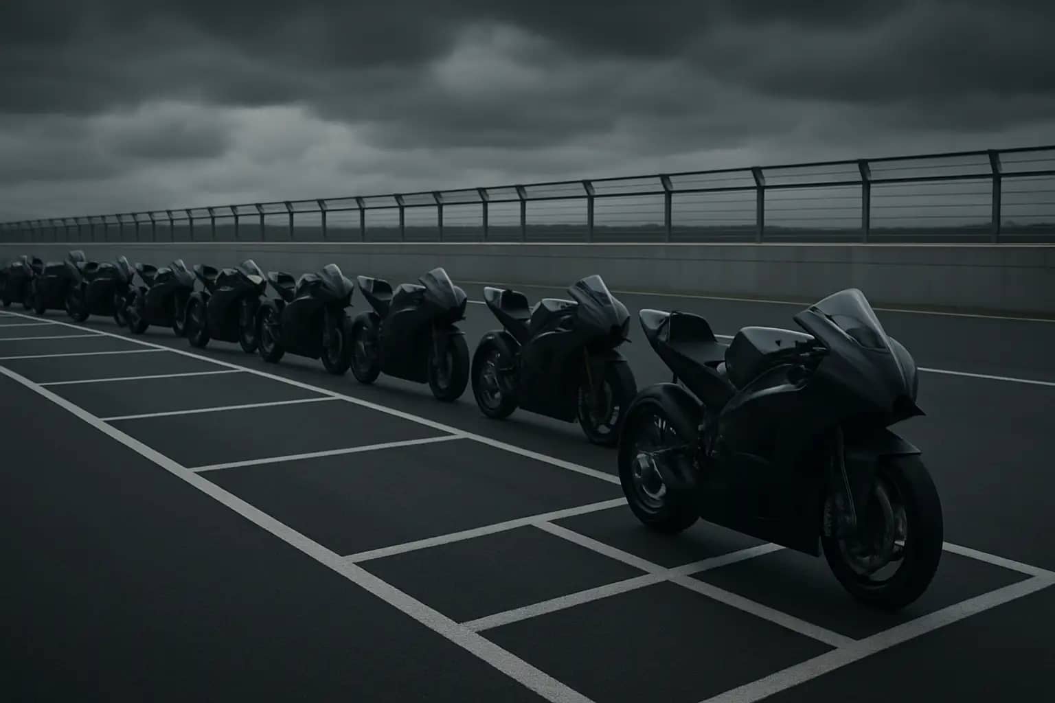 MotoGP bikes lined up on a race grid at the Brno circuit under overcast skies