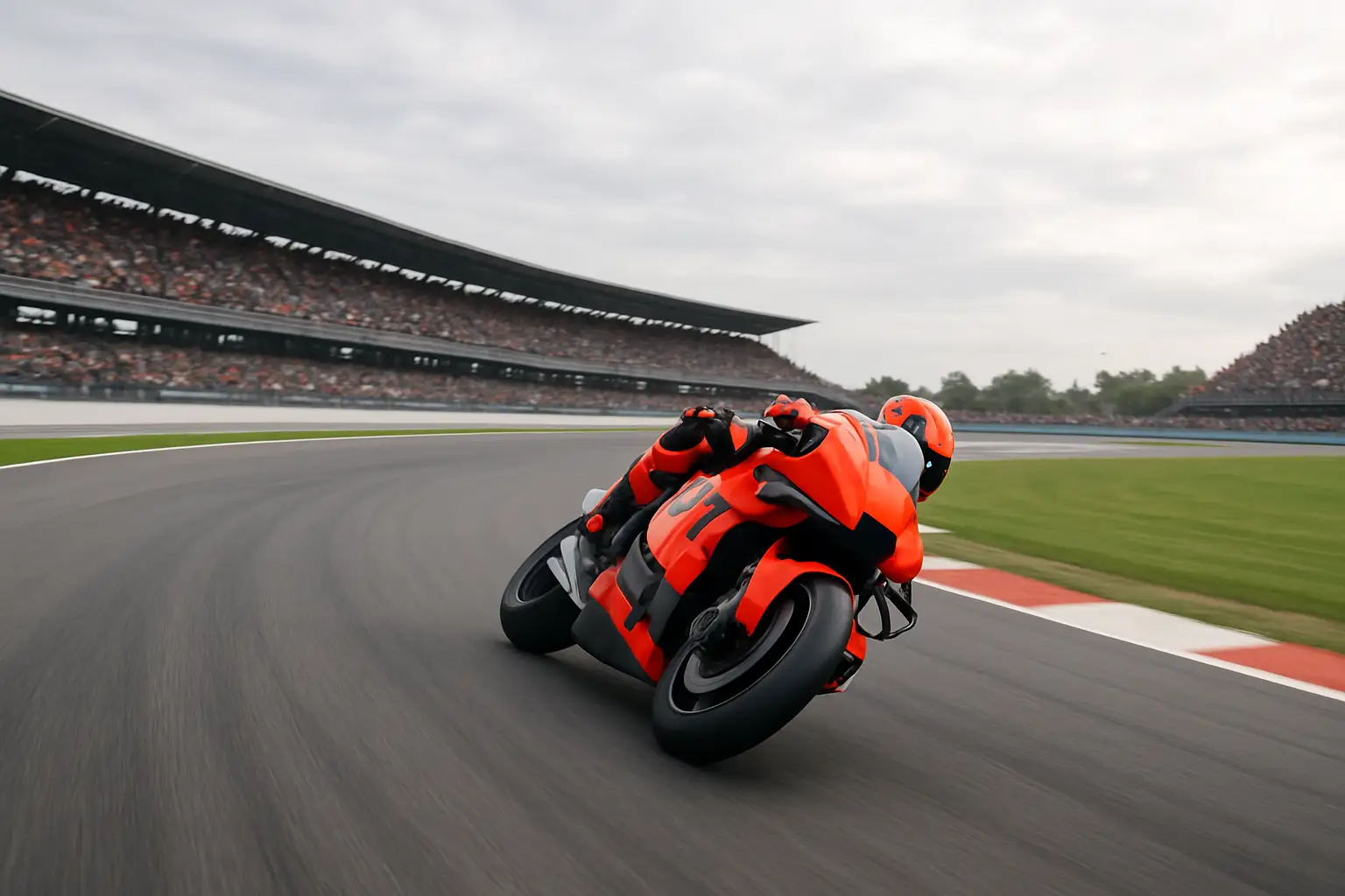 A MotoGP motorcycle racing through the sweeping corners of the Assen circuit under a bright sky
