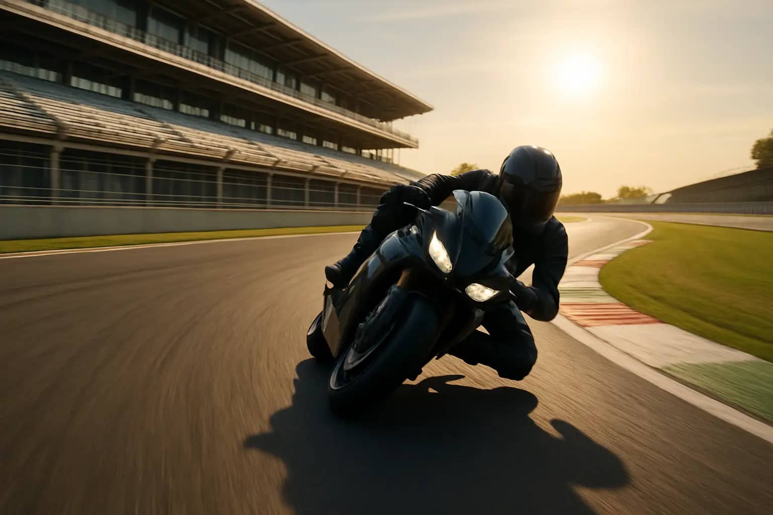 A MotoGP rider on a red racing motorcycle leaning into a corner on a European circuit